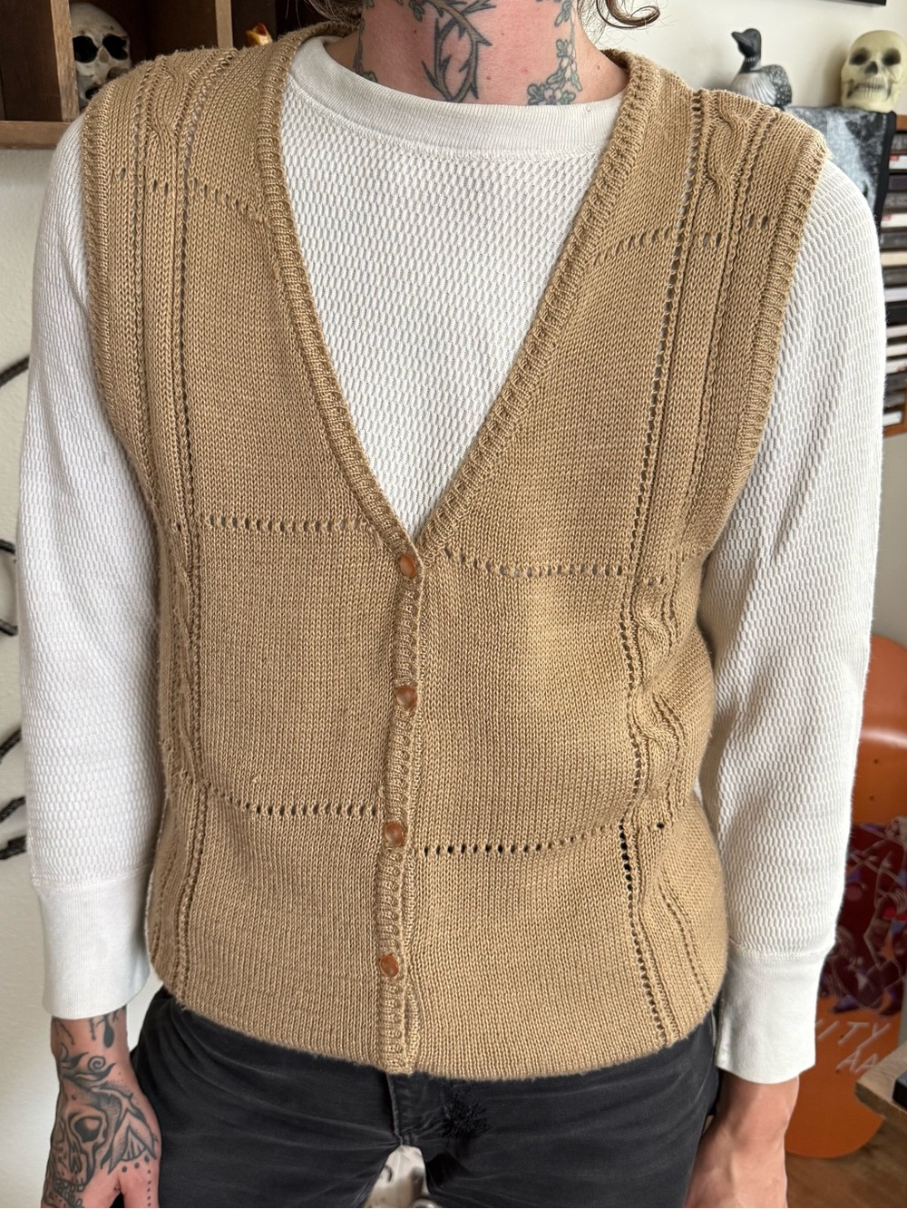 Vintage 90s Tan Knit Sweater Vest ~ Size Small